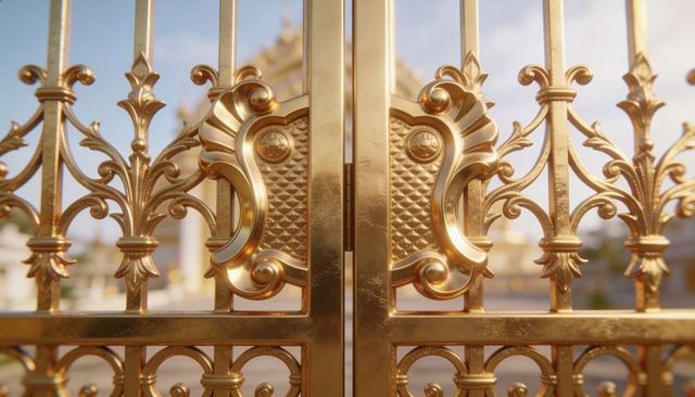 Golden luxury ornate palace gate with embossed medallions and sunlit finials