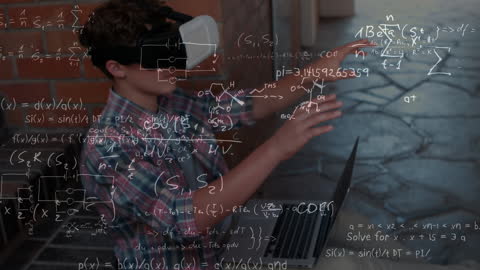 Schoolboy Engaged in VR Learning with Mathematical Equations