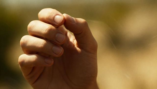 Right hand resting in sunlit meadow reaching gesture closeup bokeh warm soft golden light