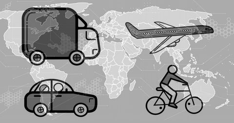 Global transport icons overlaying world map with grey background