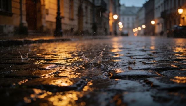 Rain splashing on cobblestone street reflecting amber lamplight at dusk