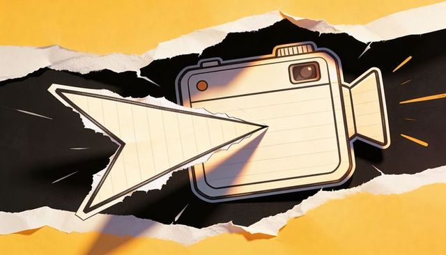 Paper camcorder and paper airplane collage with torn layers, retro camera illustration