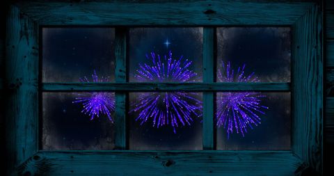 Purple Fireworks Viewed Through a Rustic Window on Holiday Night