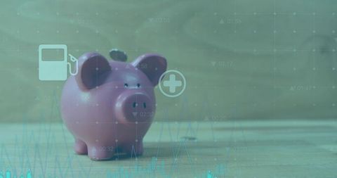 Pink piggy bank with finance overlay showing budgeting, fuel and health expense analytics