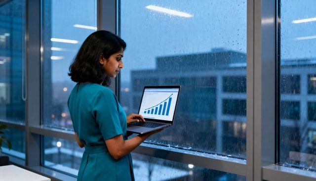 Businesswoman reviewing laptop growth chart by rainy office window at dusk - business analyst