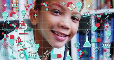 Smiling African American Boy with Science Icons in Library