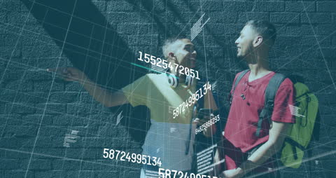 Friends Discussing with Digital Data Overlay