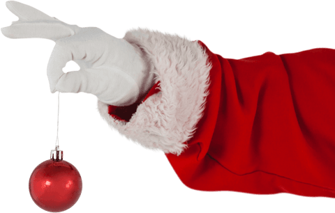 Santa's Hand Holding Red Christmas Ornament on Transparent Background