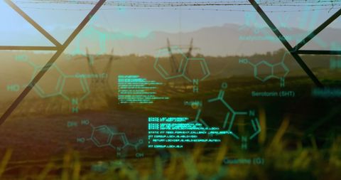 Digital Chemical Data Overlaid on Scenic Field at Sunset - Download Free Stock Images Pikwizard.com
