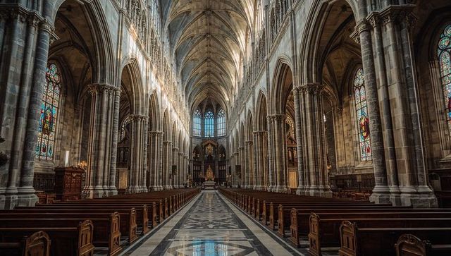 Gothic cathedral nave with vaulted ceiling, marble aisle, wooden pews and stained glass