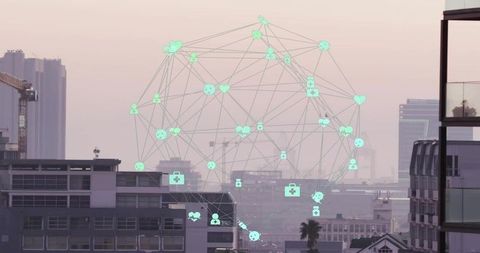 Futuristic Digital Network Overlay on Urban Skyline at Dusk