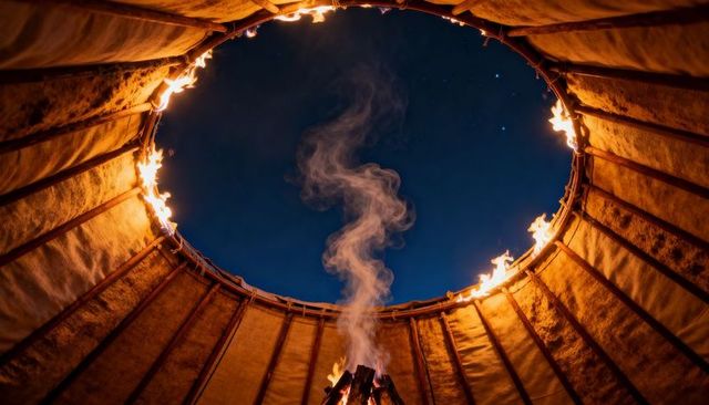 Campfire smoke spiraling through circular skylight of traditional tent with rim torches
