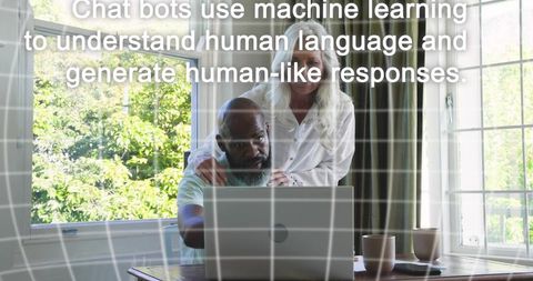 Black man and older woman collaborating on laptop in sunlit home office with greenery