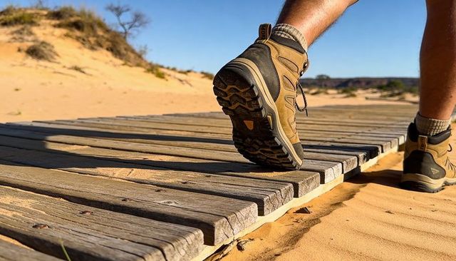Hiker stepping on wooden boardwalk across sunlit sand dunes with ample copy space