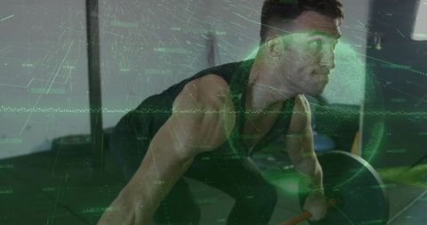 Muscular athlete performing barbell squat in gym with digital overlay