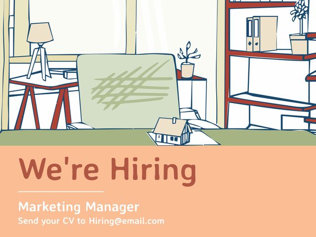 Illustration of cozy office inviting applicants for marketing manager position. Warm and friendly workplace atmosphere. Suitable for job recruitment advertisements, social media posts, company websites, and job boards to attract potential candidates.