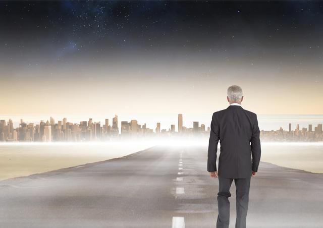 Senior businessman walking down road towards futuristic cityscape enveloped in mist at dusk. Represents journey towards success, ambition, determination, and professional goals. Ideal for business, motivation, career development themes and vision-oriented presentations.