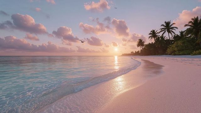 Sunrise at Idyllic Tropical Beach with Gentle Waves and Palm Trees