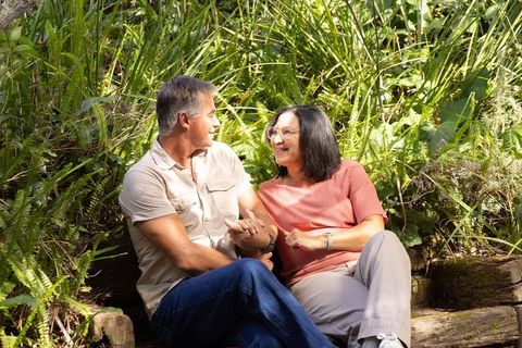 Senior couple holding hands on rustic log bench surrounded by sunlit ferns and greenery