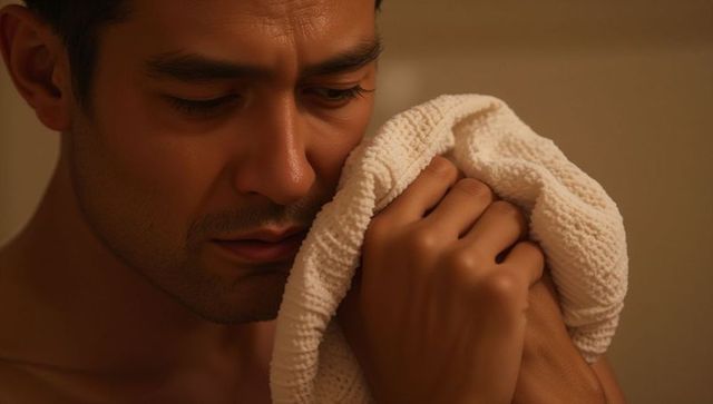 Pressing white towel to face, adult asian man showing intimate reflective moment in warm golden ligh