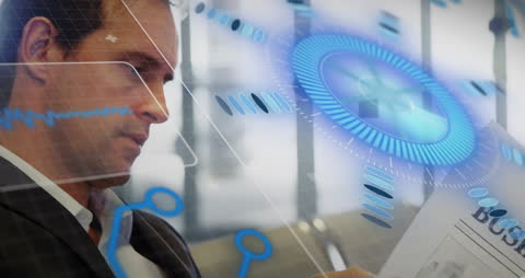 Businessman Reading Newspaper with Tech Data Overlay Animation