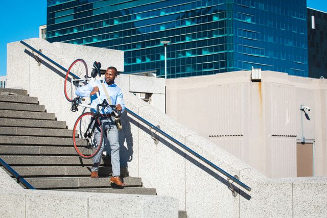 African american businessman carrying his bicycle down the stairs at corporate park. business professional living and lifestyle concept