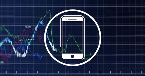 Overlaying white smartphone icon on dark blue financial chart grid with multicolor line charts