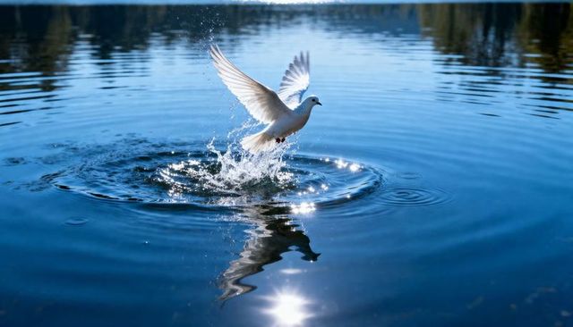White gull taking off from blue lake creating sunlit splash and mirrored reflection