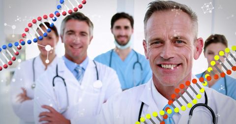 Smiling Doctors with DNA Visuals Highlight Medical Technology