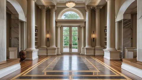 Grand foyer with marble columns and hardwood flooring