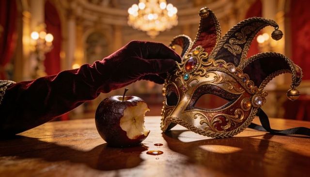 Burgundy velvet glove reaching for ornate venetian jester mask beside bitten apple