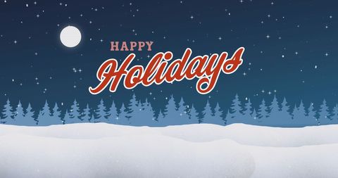 Festive Happy Holidays Greeting with Snowy Landscape and Full Moon
