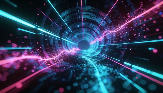 Neon cyber tunnel with glowing light trails and digital vortex energy stream futuristic