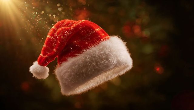 Floating Santa Hat Glowing Red Velvet with Plush White Fur and Golden Sparkle