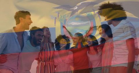 Group of Friends Bonding on Sunset Beach Overlayed with Ecuadorian Flag