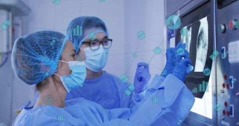 Medical Professionals Analyzing X-Ray Data in High-Tech Radiology Room