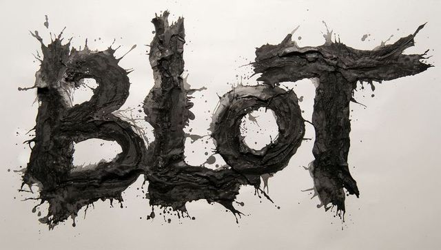 Textured black impasto lettering blot featuring bold paint splatter, drips, glossy ridges