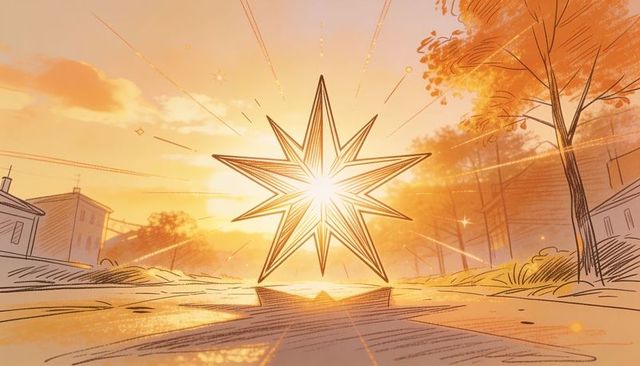 Glowing celestial star hovering over suburban road at golden sunset emitting radiant rays