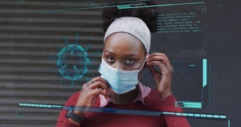 Young woman adjusting surgical mask outdoors wearing smartwatch, futuristic virus overlay