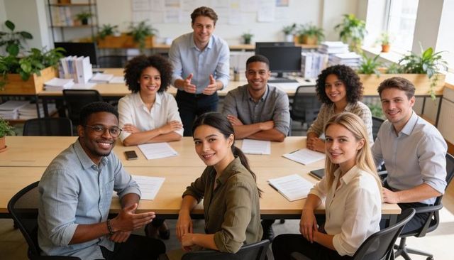 Diverse team collaborating and brainstorming at conference table in modern open-plan office