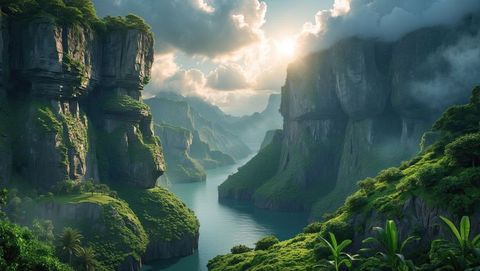 Sunlit Canyon with Winding River and Dense Vegetation