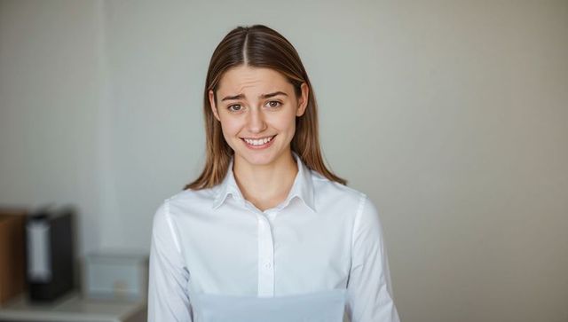 Young professional holding document and showing nervous smile in minimal home office