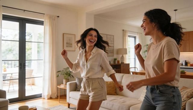 Two women dancing and laughing in bright open-plan living room with french doors, daylight
