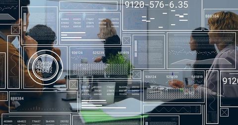 Discussing augmented reality data overlays in boardroom meeting with diverse team