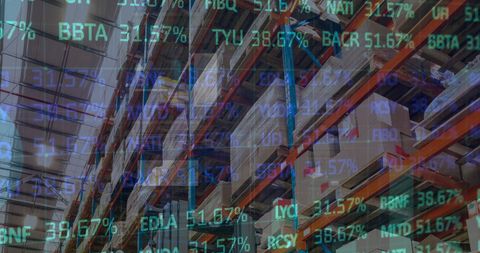 Financial Data Overlay on Modern Warehouse Shelving - Download Free Stock Images Pikwizard.com