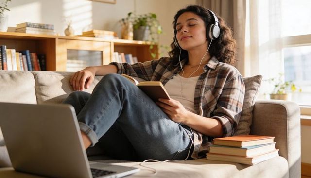 Young woman listening to music and reading on sofa with headphones and laptop