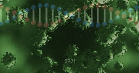 Global pandemic concept with viral particles and dna strand in green hue