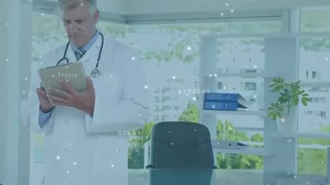 Doctor Analyzing Medical Data on Tablet with Floating Metrics