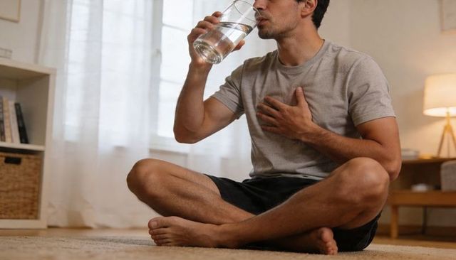 Man drinking water while sitting cross-legged on rug in sunlit minimalist living room