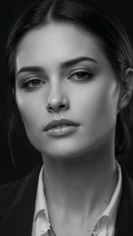 Executive woman turning and narrowing gaze while tilting left in studio vertical video portrait